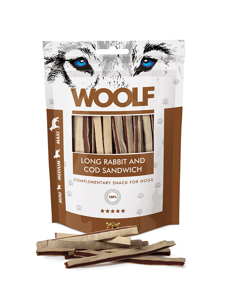 Pamlsok Woolf Dog Soft Rabbit and Pollock Sandwich LONG 100g