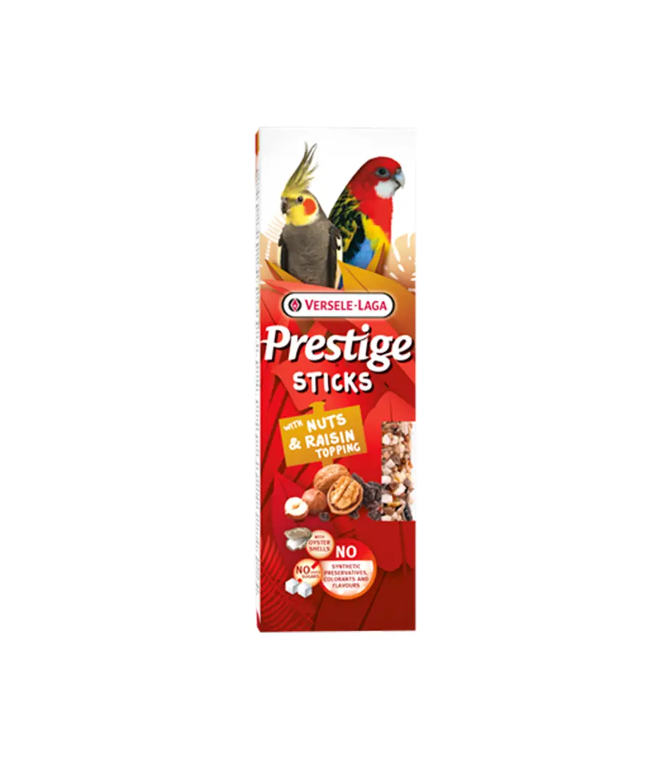 Pamlsok VL Prestige Sticks Big Parakeets with Nut & Raisin topping 2 ks- tyčinka pre stredné papagáje s orechmi a hrozienkovou polevou 140 g