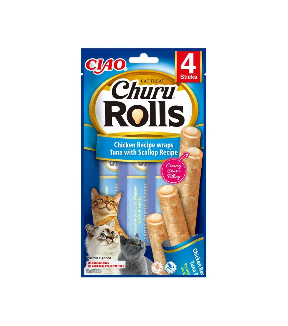 Pamlsok Inaba Churu Rolls cat Kura & Tuniak s lastúrami 4 tuby 40 g