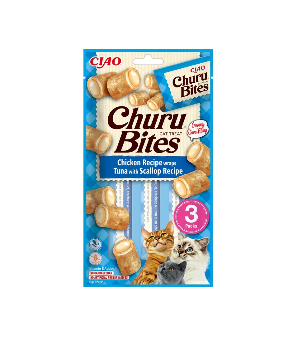 Pamlsok Inaba Churu Bites cat Kura s tuniakom a hrebenatkou 3 tuby 30 g