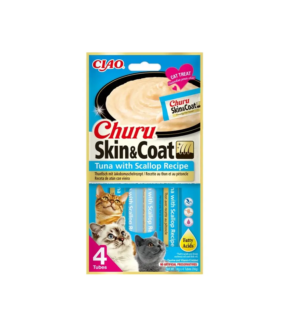 Pamlsok Inaba Churu Skin & Coat cat Tuniak s hrebenatkou 4 tuby 56 g