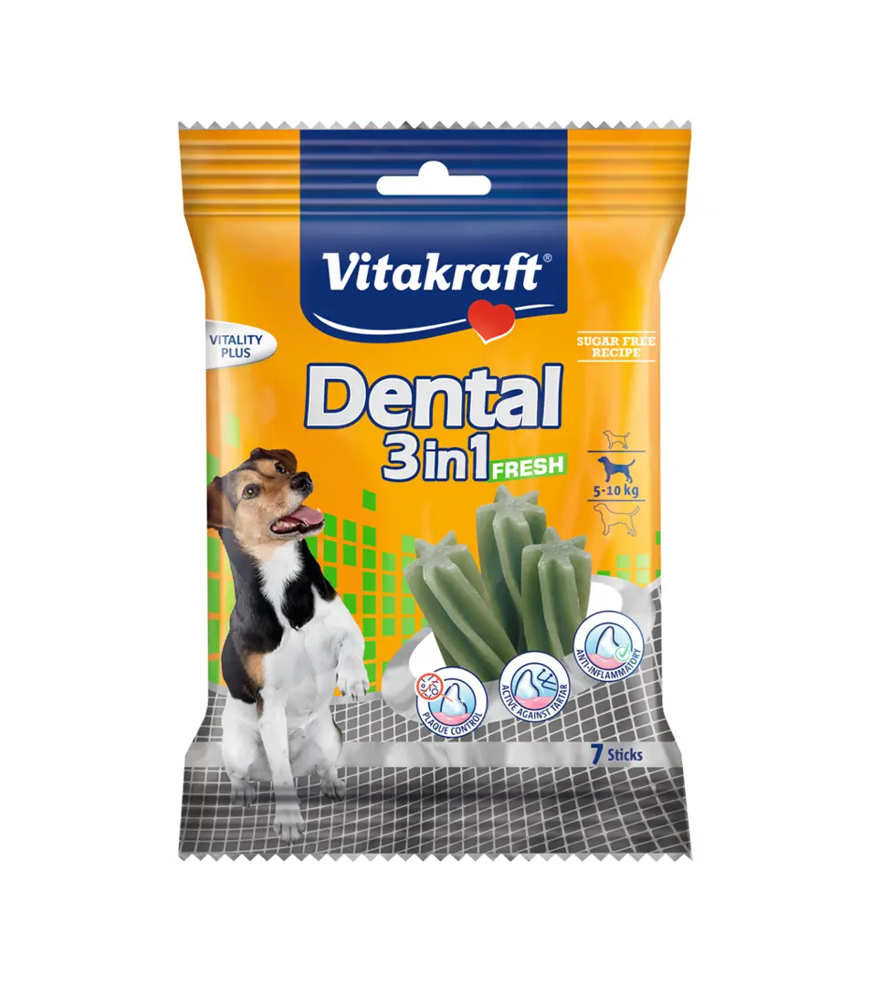 Vitakraft Dental Sticks 3v1 Maškrta Fresh S 120g, bal/7 ks