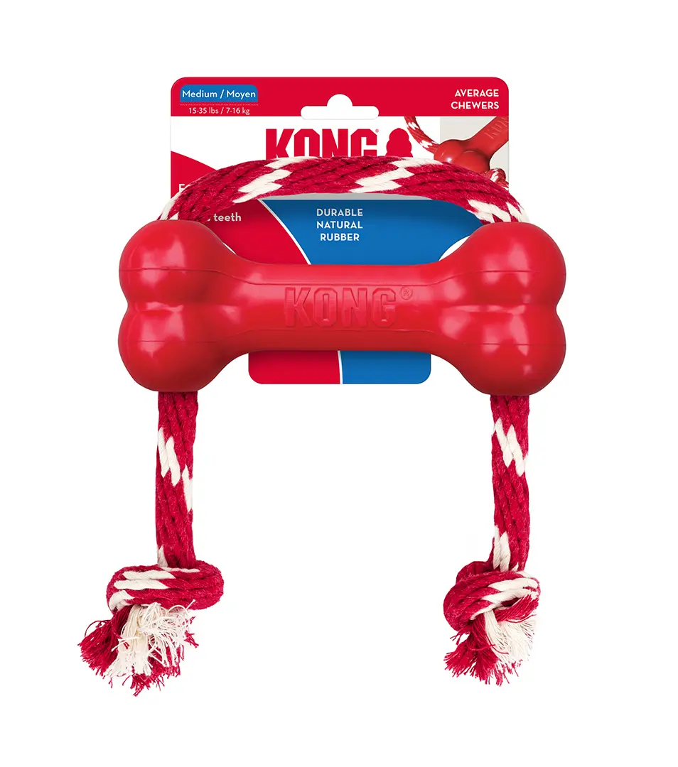 Hračka Kong Dog Puppy Goodie Bone Classic Kosť červená s lanom, guma prírodná, M