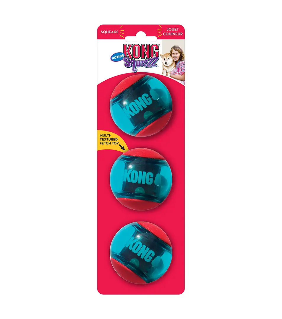Hračka Kong Dog Squeezz Action Lopta s pískatkom, guma termoplastická, M (3ks/bal.)