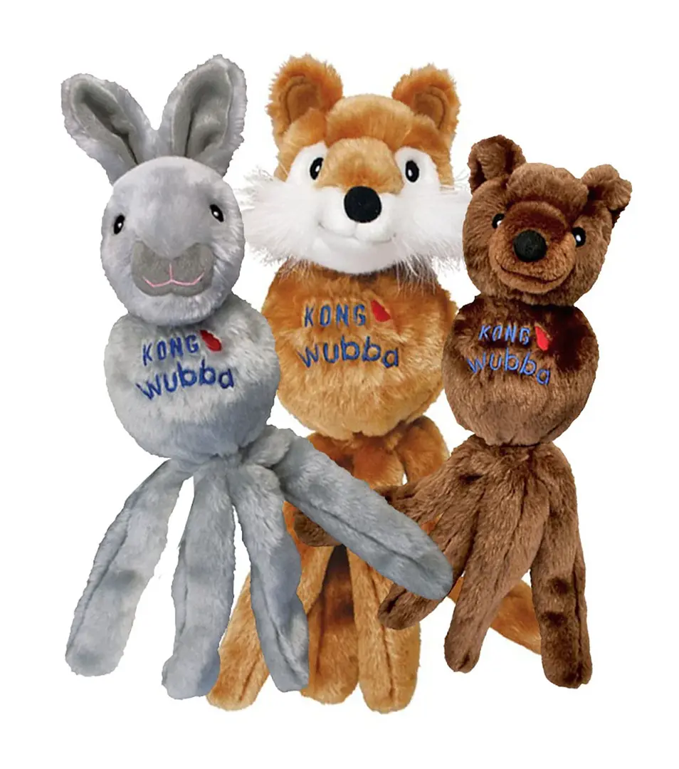Hračka Kong Dog Wubba Friends (medveď - líška - zajac), pískacia, vinyl, L