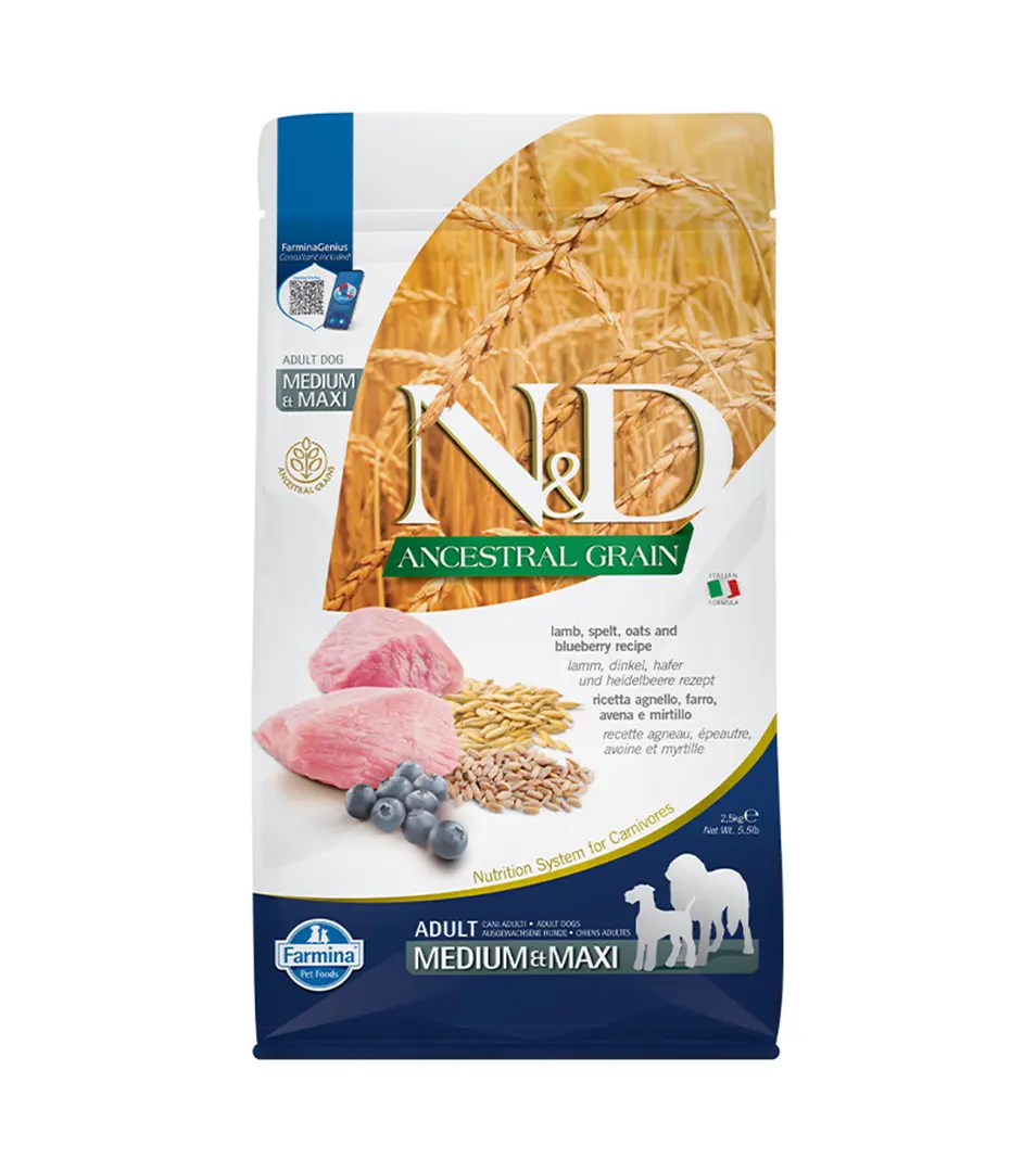 Farmina N&D dog AG adult medium & maxi, lamb, spelt, oats & blueberry 2,5 kg
