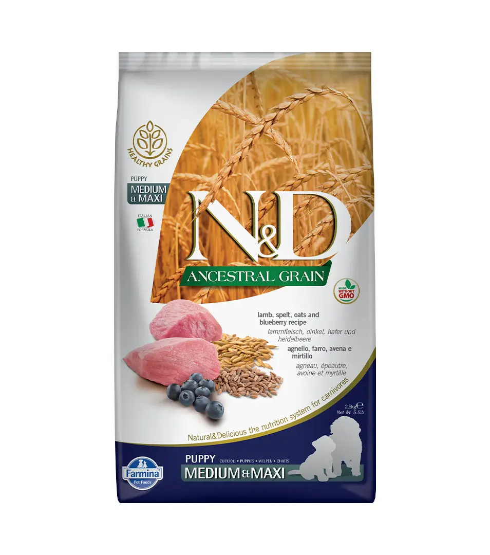 Farmina N&D dog AG puppy medium & maxi, lamb, spelt, oats & blueberry 2,5 kg