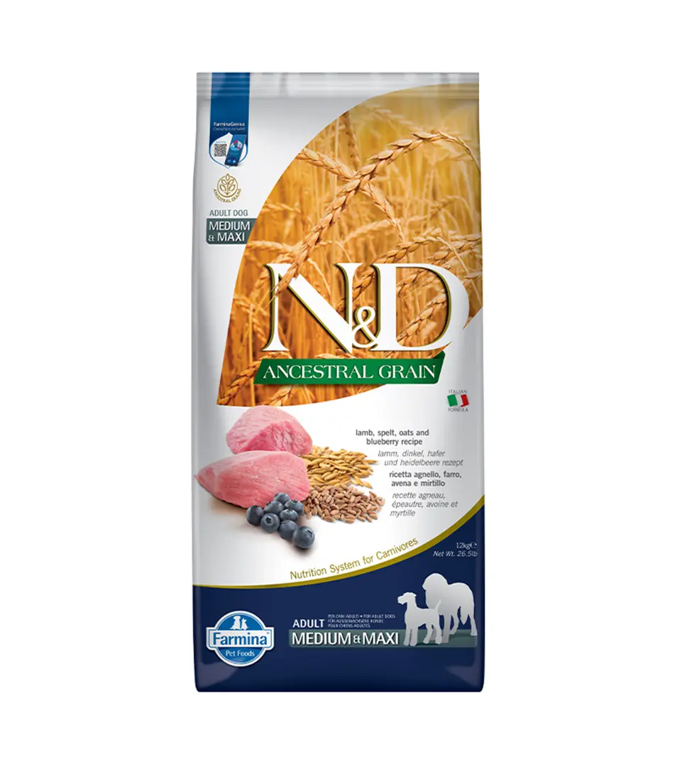 Farmina N&D dog AG adult medium & maxi, lamb, spelt, oats & blueberry 12 kg