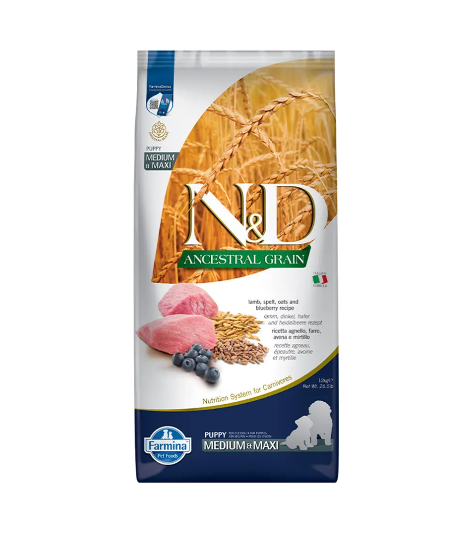 Farmina N&D dog AG puppy medium & maxi, lamb, spelt, oats & blueberry 12 kg