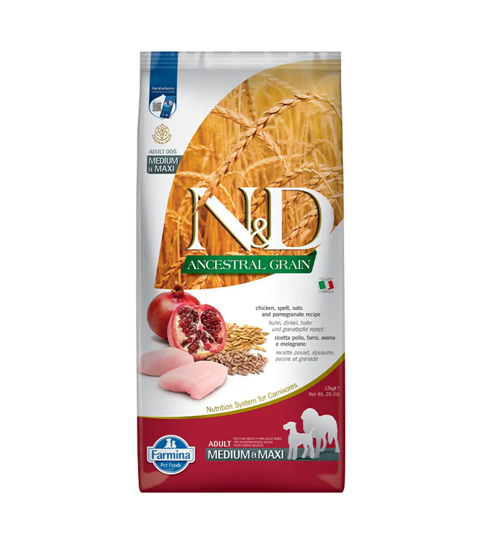Farmina N&D dog AG adult medium & maxi, light, chicken, spelt, oats & pomegranate 12 kg