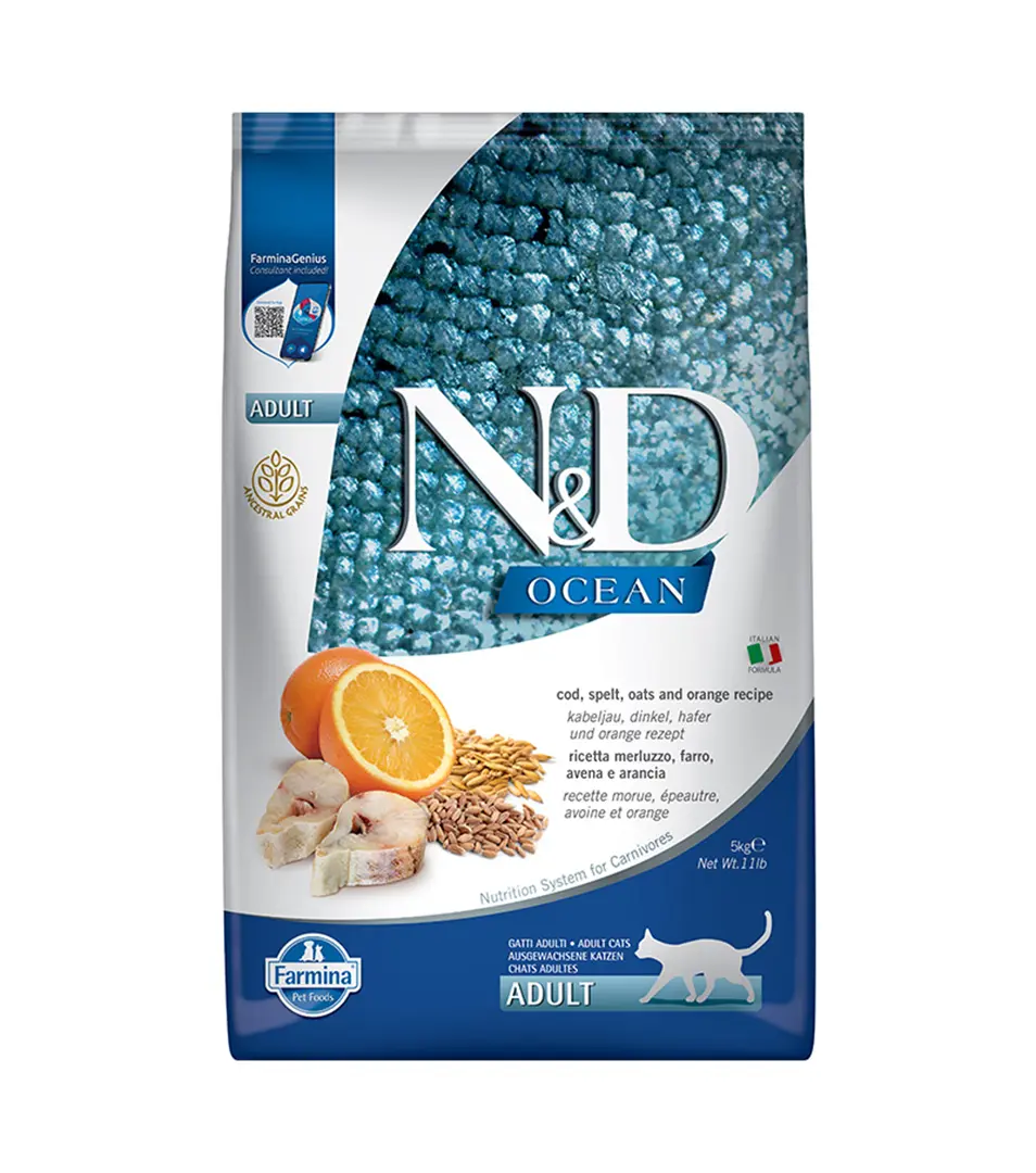 Farmina N&D cat OCEAN (AG) adult, codfish, spelt, oats & orange 5 kg