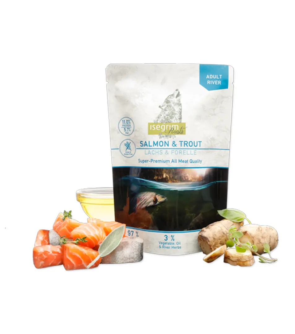 ISEGRIM dog Adult Isegrim Roots, Salmon & Trout bal. 7 x 410 g kapsičky