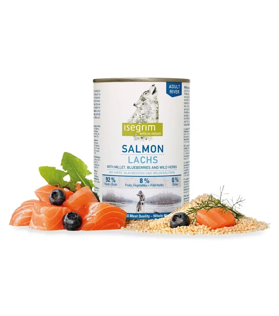ISEGRIM dog Adult  Salmon with Millet, Blueberries & Wild Herbs  bal. 6 x 400 g konzerva