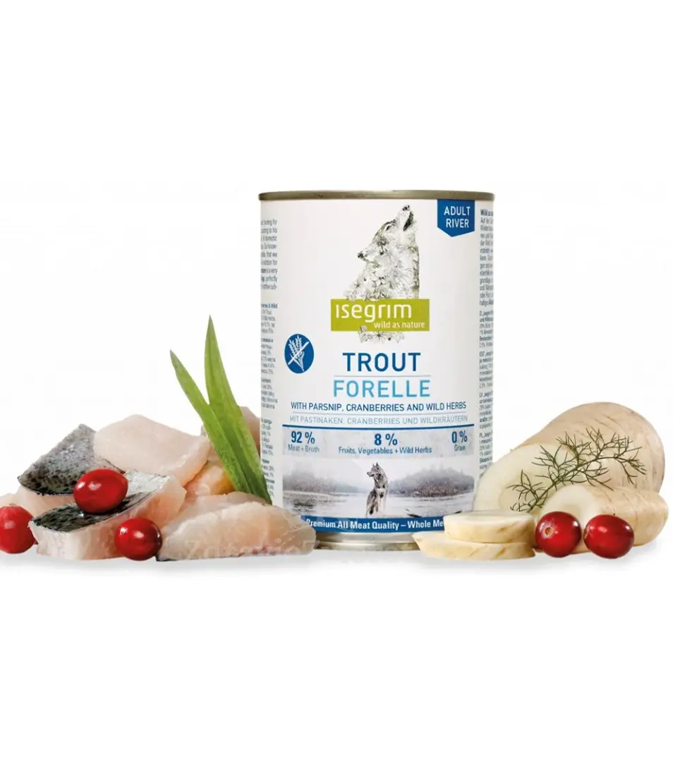 ISEGRIM dog Adult Trout with Parsnip, Cranberries & Wild Herbs bal. 6 x 400 g konzerva