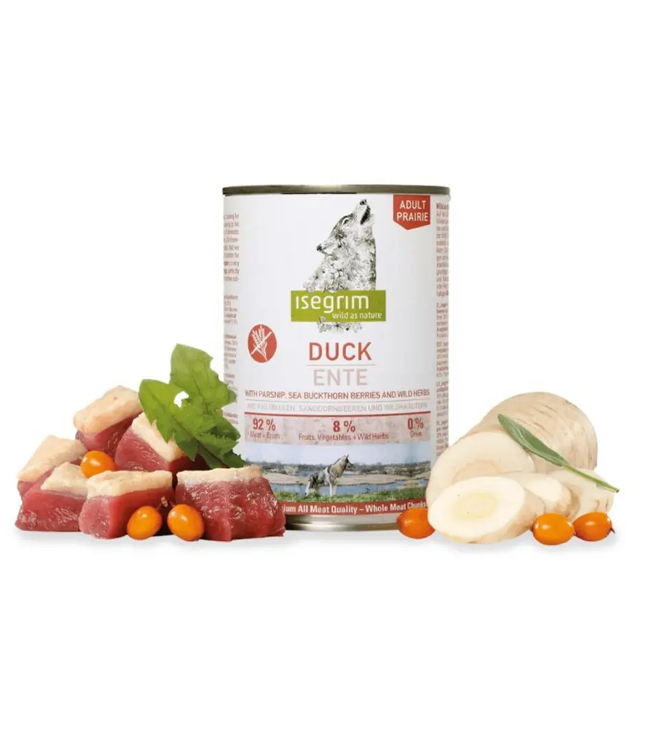 ISEGRIM dog Adult Duck with Parsnip, Sea Buckthorn & Wild Herbs  bal. 6 x 400 g konzerva