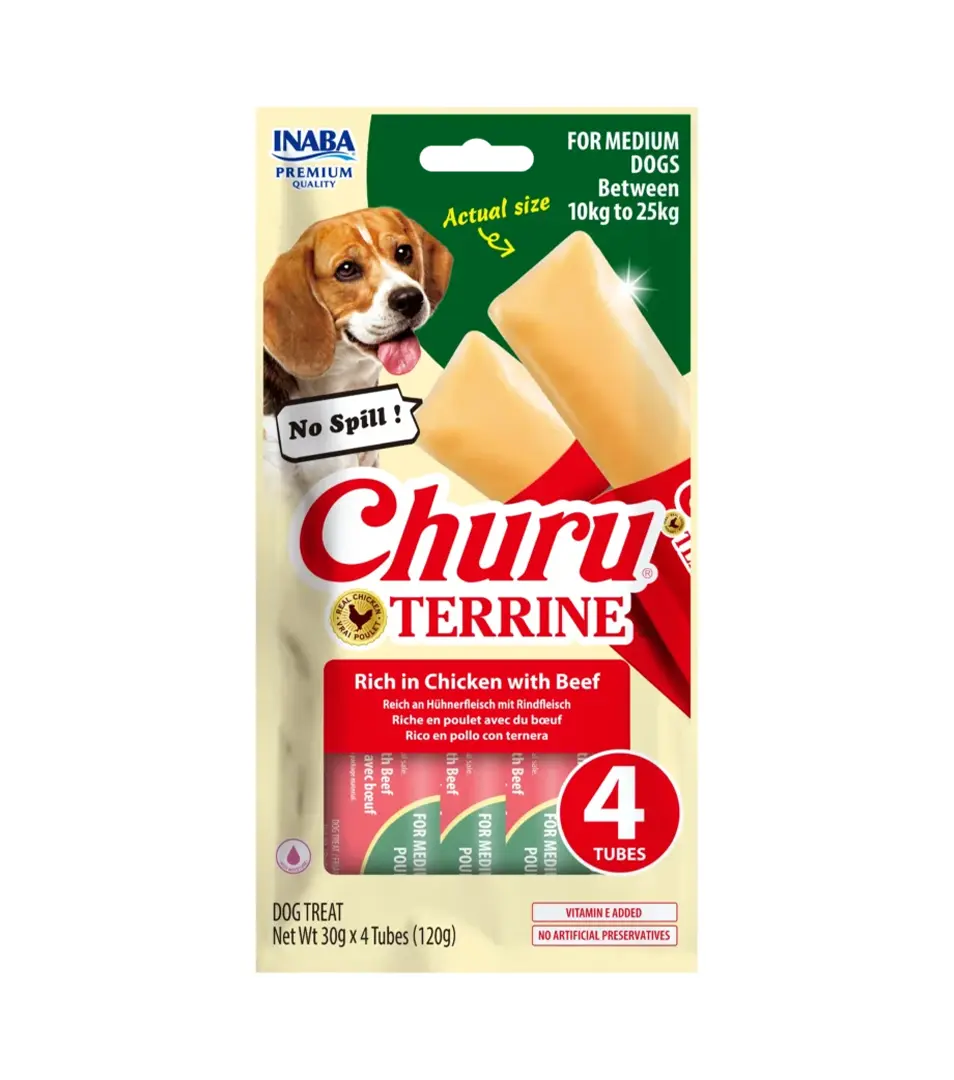 Pamlsok Inaba Churu Terrine dog kura s hovädzím 4 x 30 g