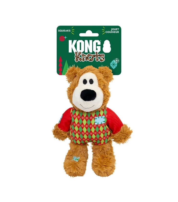 Hračka KONG Holiday Wild Knots Sweater Bear Red Sm/Md, s pískatkom,polyester
