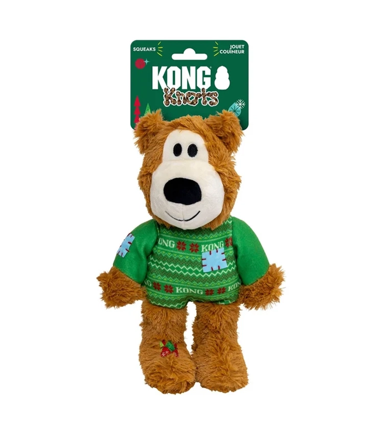 Hračka KONG Holiday Wild Knots Sweater Bear Green Md/Lg, s pískatkom,polyester