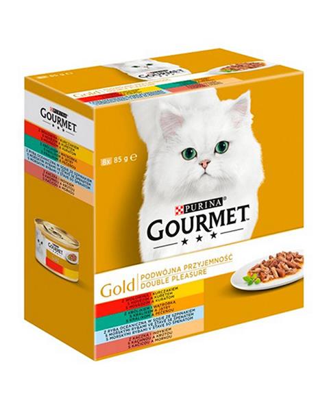 Nestlé GOURMET GOLD Multipack hovädzie s kuraťom, králik s pečeňou, morské ryby so špenatom, kačica s morkou konz.8x85 g