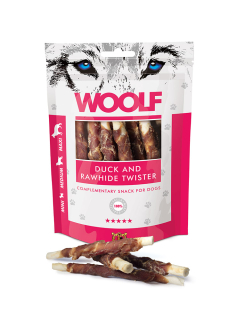 Pamlsok Woolf Dog Duck and Rawhide Twister 100g