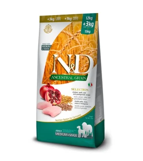 Farmina N&D dog AG SELECTION adult medium & maxi, chicken, spelt, oats & pomegranate 12 kg + 3 kg
